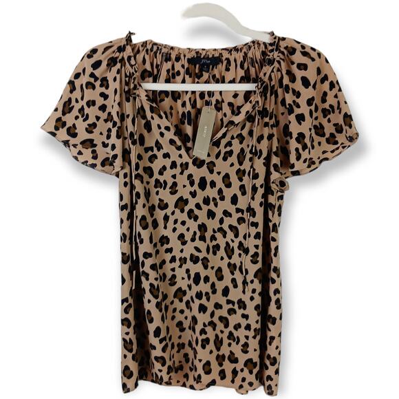 J.Crew SZ S Leopard Print Silk Flutter Sleeve Top In Mod Neutral NWT - Picture 2 of 8